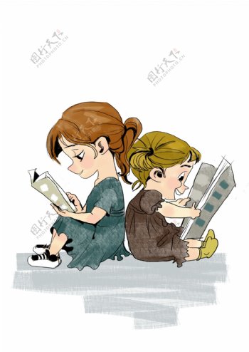手绘看书小朋友学习看书免抠插图