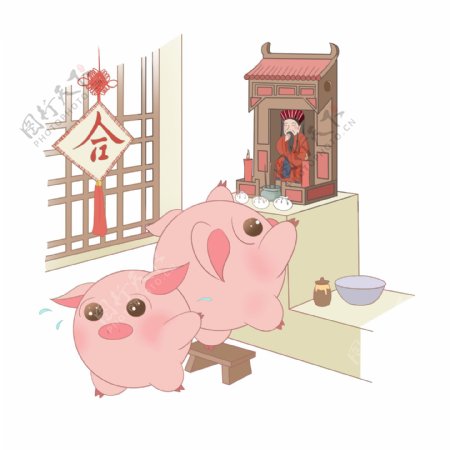 猪年卡通手绘小猪敬神中国传统习俗