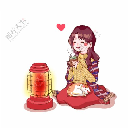 冬日里在家逗猫喝热茶取暖的少女
