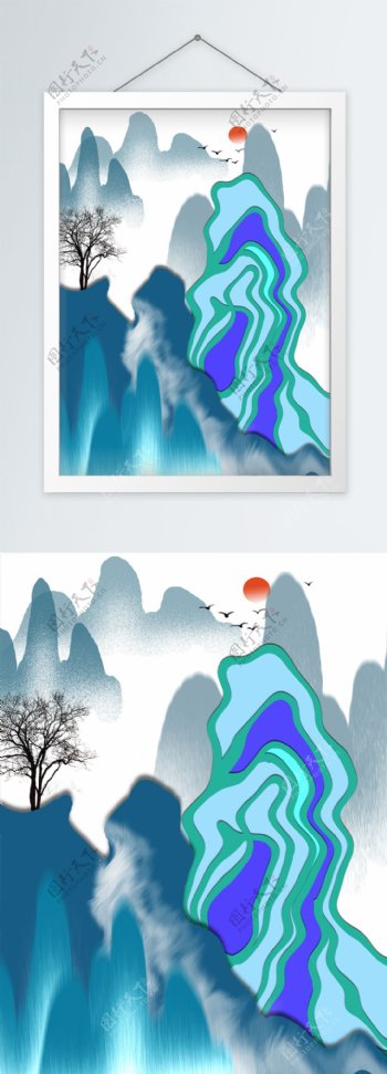 简约手绘蓝色云雾缭绕山林客厅装饰画