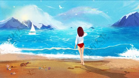 夏天夏季节气立夏女生游泳插画