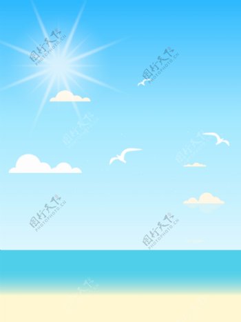 蓝色天空夏日卡通海边休闲背景图