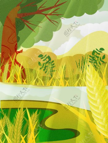 手绘夏季小麦大树背景设计