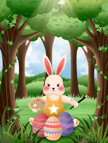 原创2019复活节兔子画彩蛋噪点插画