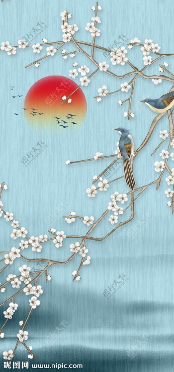 新中式手绘花鸟玄关背景墙