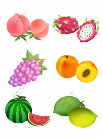 手绘水果集合桃子火龙果葡萄西瓜