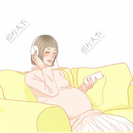 小清新手绘坐在沙发上听音乐的孕妇