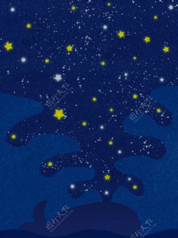 原创手绘鲸鱼梦幻蓝色璀璨星空背景