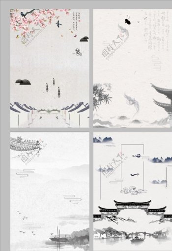 文艺手绘中国风建筑背景图