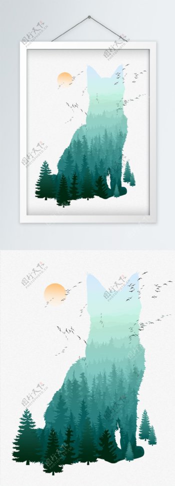 现代简约北欧风树林风景动物剪影创意装饰画