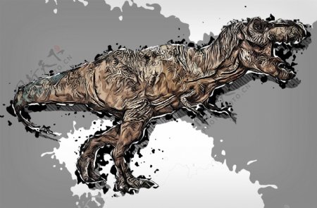 纯手绘素描加泼墨分层恐龙背景图