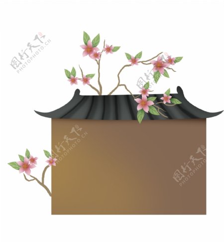 春天桃树建筑标题框