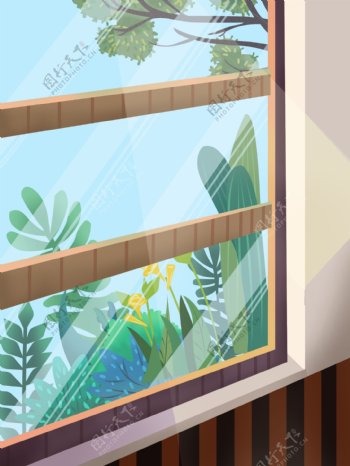 立夏节气窗外绿叶背景设计