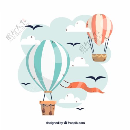 创意条纹热气球和鸟