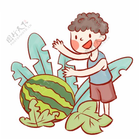 夏季小男孩摘西瓜