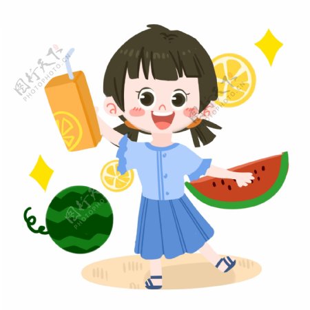 夏日卡通女孩喝果汁PNG素材