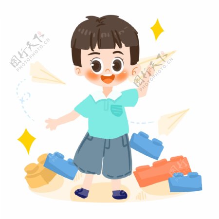 儿童节可爱男孩玩纸飞机PNG素材
