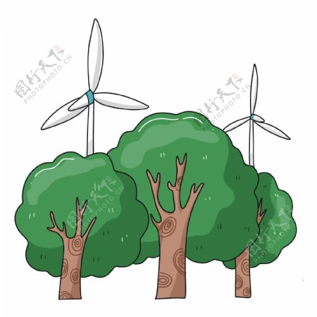 绿色树木风车插画