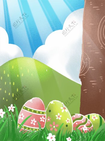 手绘复活节兔子与彩蛋插画背景