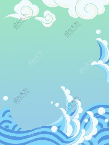 清新风手绘蓝色海浪插画背景