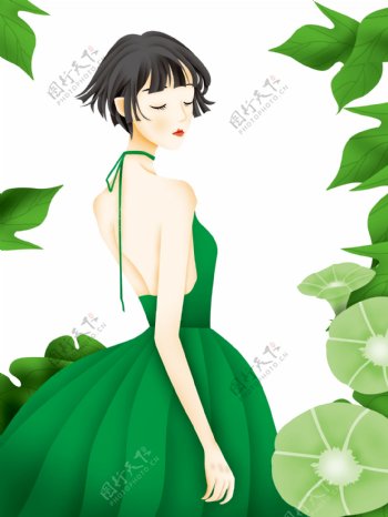 手绘5月绿叶女孩背景设计