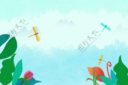 清新夏季花丛蜻蜓背景素材