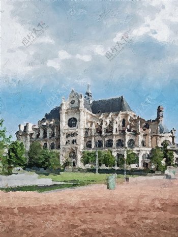 复古法国巴黎街头建筑风景客厅油画