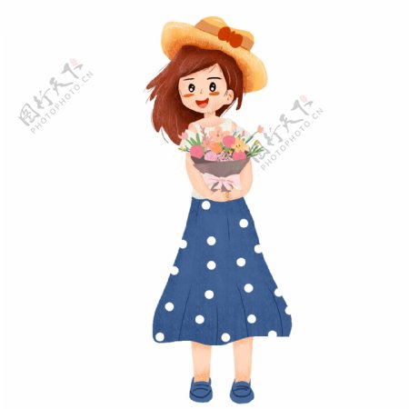 小清新可爱抱着一束花的女孩插画元素