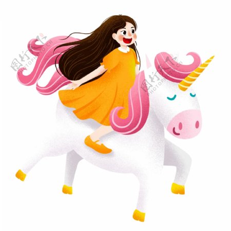 清新手绘骑着独角兽的女孩设计