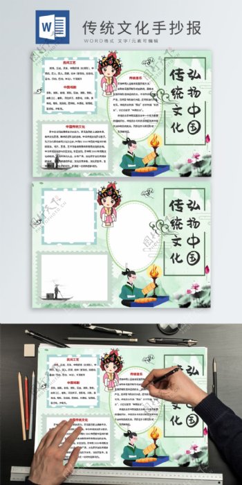 绿色水彩中国风弘扬传统文化手抄报