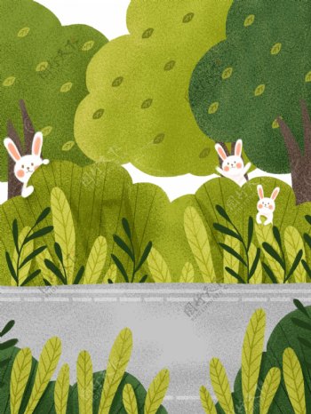 手绘夏季树林小兔背景素材