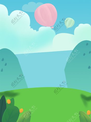 清新夏季海滩热气球背景设计
