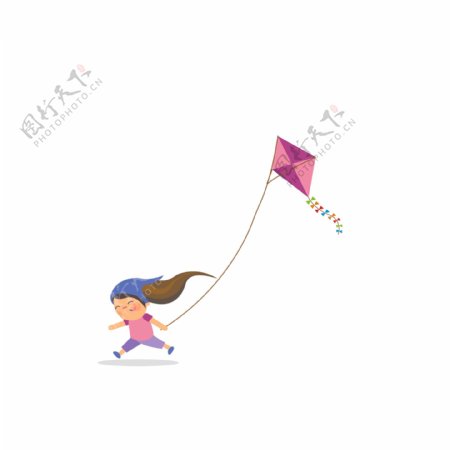 粉红色衣服卡通小人放风筝素材