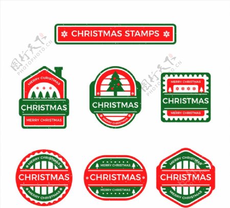 6款创意绿色圣诞节邮票矢量图