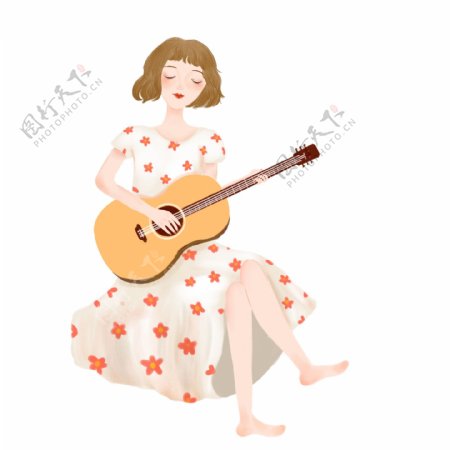 弹吉他的女孩图案元素