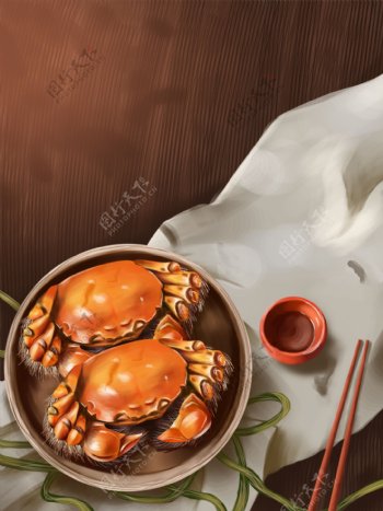 秋分手绘螃蟹美食背景
