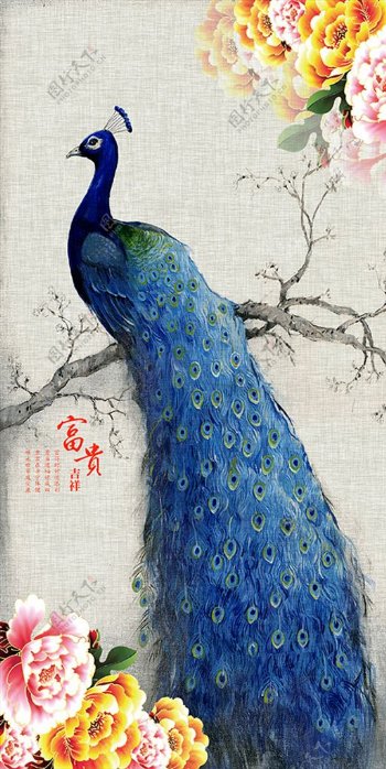 中式牡丹孔雀玄关壁纸
