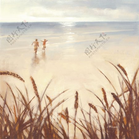 风景油画海边沙滩手绘插画