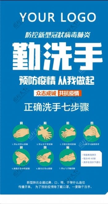 肺炎宣传勤洗手教洗手7步法海报