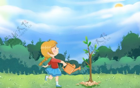 手绘卡通女孩给树浇水插画