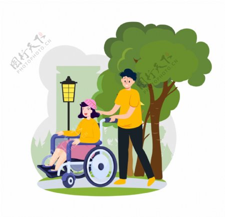 公园里帮助轮椅姑娘推轮椅场景