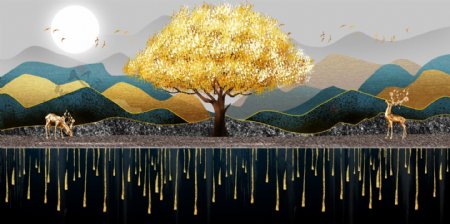 新中式鎏金线条山水麋鹿装饰画