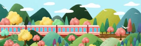 小火车森林清新插画卡通背景素材