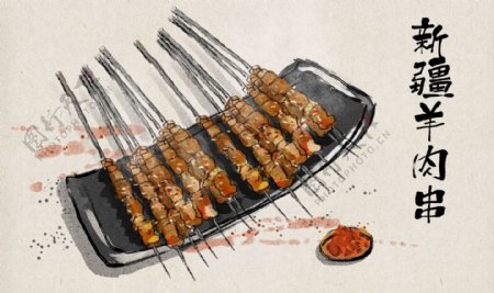 羊肉串烧烤美食国风插画背景素材