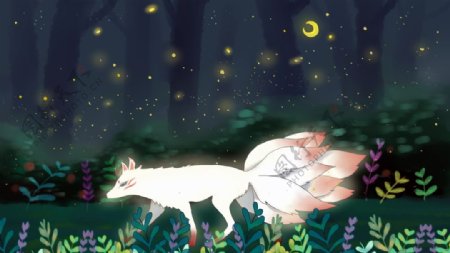 九尾狐森林插画传统背景素材