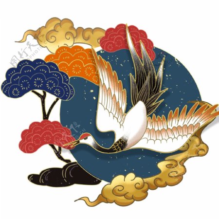 国潮复古中式松树仙鹤