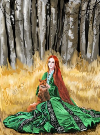 草地上抱狐狸的穿绿衣服的女人
