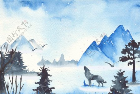 山村雪景水彩画