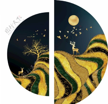 新中式鎏金山川月亮飞鸟装饰画