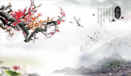 山水画梅花中式背景墙